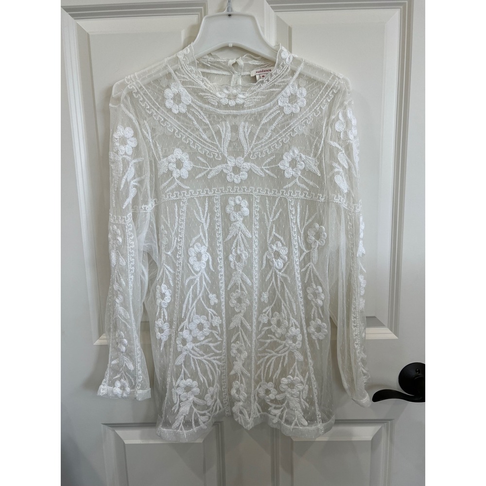 Sundance Sheer Embroidered Lace High Neck Long Sleeve Top Ivory Size XL